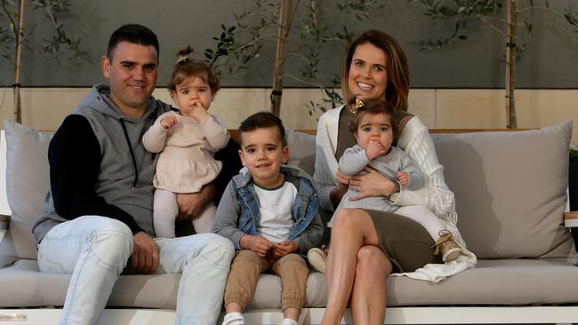 Bill and Fiona Pantazis with Zoe, 1, Eli 3, and Mia, 1, at home in Kellyville. Pictures: Justin Sanson