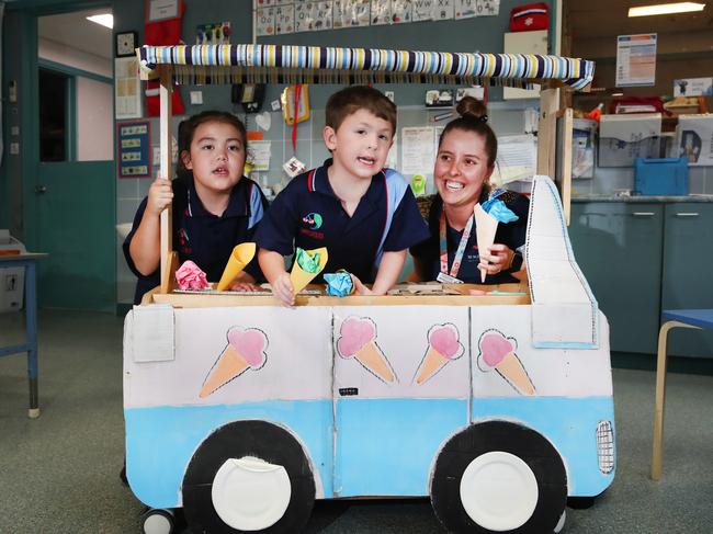 Mudgeeraba Special School Prep for My First Year. Prep Students Iyla-J and Harrison with teacher Michaela Austin in Junior 1. Picture Glenn Hampson