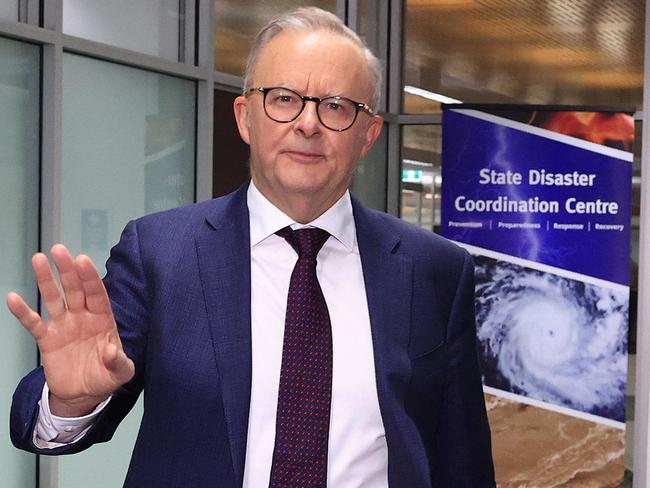 Prime Minister Anthony Albanese in Queensland at the Kedron Emergency Services Complex. Cyclone Alfred has forced his hand on the date of the looming election. Picture: Adam Head