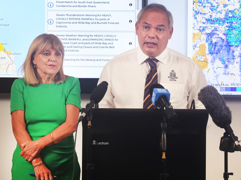 Deputy Mayor Donna Gates and Mayor Tom Tate at a Press Conference regarding ex-Tropical Cyclone Alfred/ Picture: Glenn Hampson.