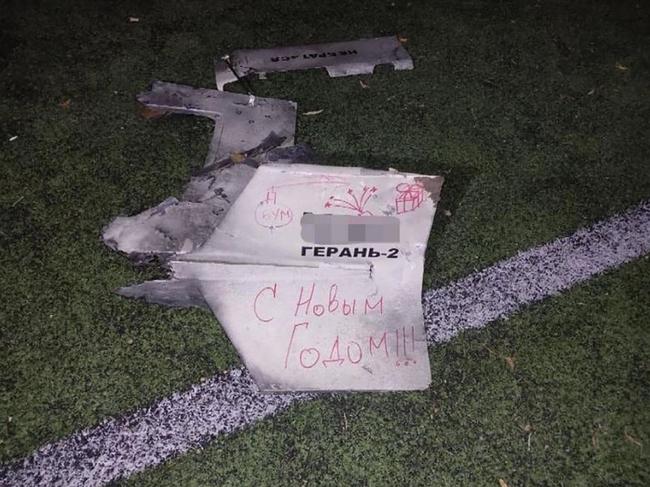 Russia fired Iranian made drones at Kyiv on New Year's Eve, some landing in a playground, bearing messages "Happy New Year!!!" and "Boom". Picture: Supplied/Facebook