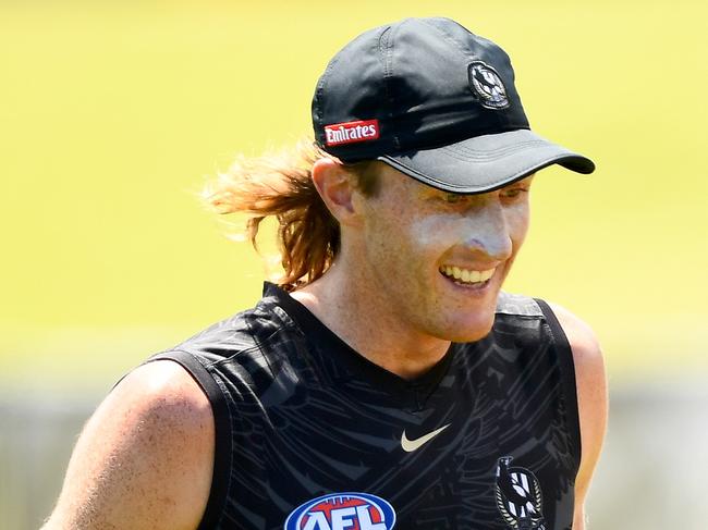 MELBOURNE, AUSTRALIA - FEBRUARY 07: Nathan Murphy of the Magpies does run troughs during a Collingwood Magpies AFL training session at AIA Centre on February 07, 2024 in Melbourne, Australia. (Photo by Josh Chadwick/Getty Images)