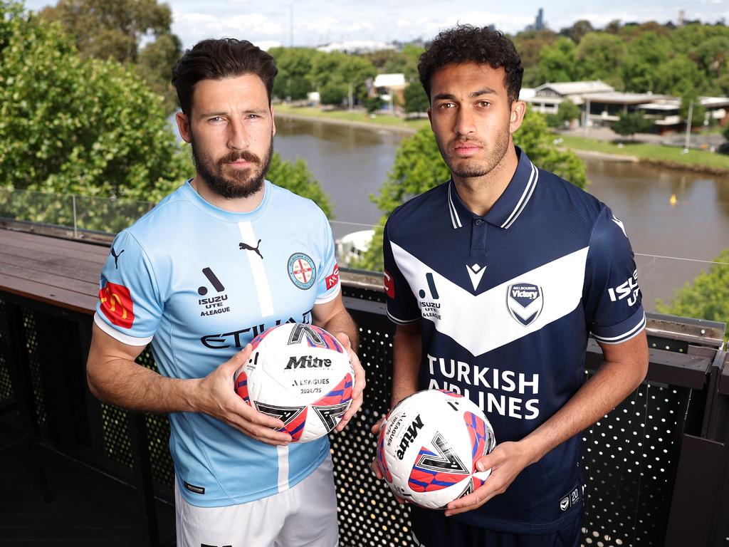 Nishan Velupillay of the Victory and Mathew Leckie of Melbourne City ahead of the Melbourne derby. Picture: Robert Cianflone/Getty Images