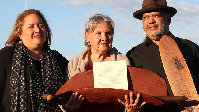 Megan Davis, Pat Anderson and Noel Pearson holding the Uluru Statement last year. Picture: James Croucher