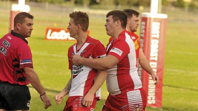 TEAMMATE TIME: Brothers Tim and Joe Rigg celebrate Tim's try in the clash between the South Grafton Rebels and the Coffs Harbour Comets at McKittrick Park on Sunday. Picture: Mitchell Keenan