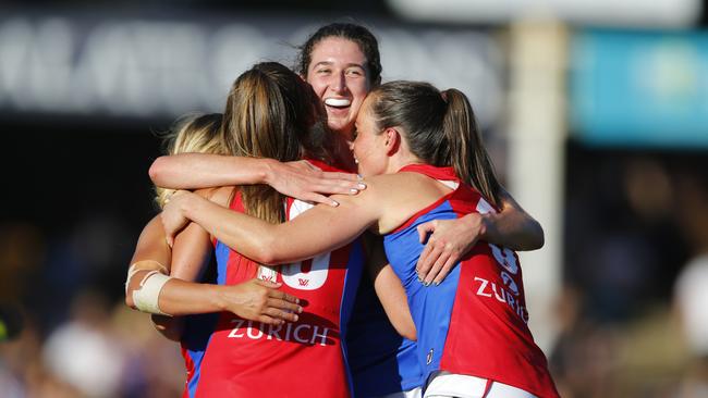 The Demons celebrate their tight win over the Dockers. Picture: James Worsfold/Getty Images