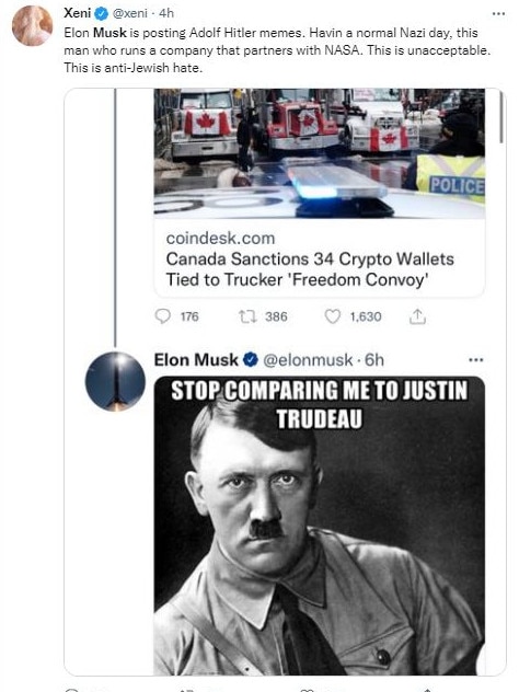 Elon Musk has been slammed posting a Hitler meme on Twitter.