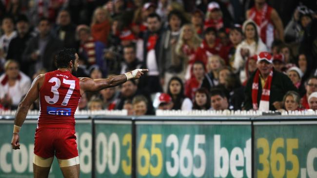 Adam Goodes after being racially abused in 2013. Picture: Andrew White/AFL Media