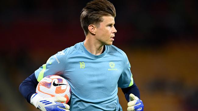 Mitch Langerak of Australia warms up before the International Friendly match between the Australia Socceroos and the New Zealand All Whites at Suncorp Stadium on September 22, 2022 in Brisbane. (Photo by Albert Perez/Getty Images)