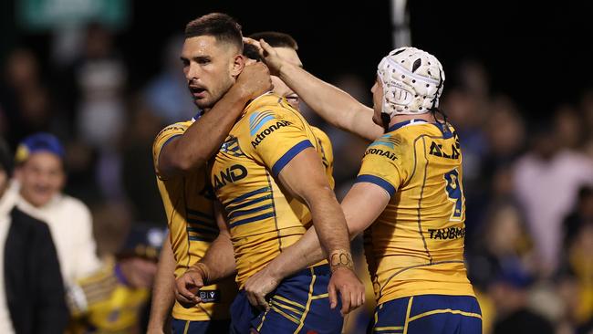 Ryan Matterson celebrates a try in the round 9 upset in Penrith. Picture: Cameron Spencer/Getty Images