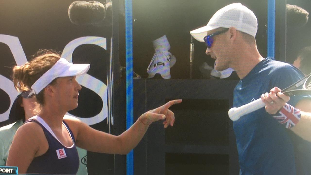 Barbora Strycova and Jamie Murray argue during a mixed doubles match at the Australian Open.