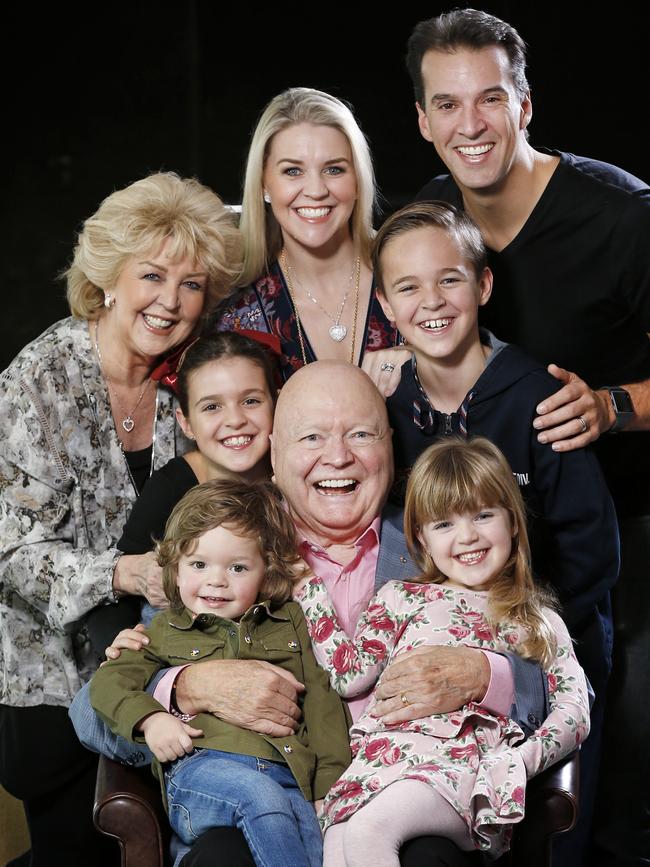 Bert Newton with wife Patti, daughter Lauren, son-in-law Matt Welsh, grandchildren Lola 6, Monty 2, Sam 10 and Eva 9. Picture: David Caird.