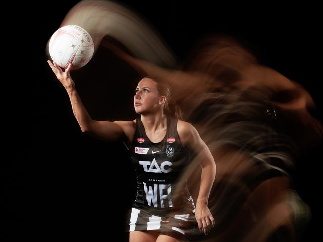 GOLD COAST, AUSTRALIA - FEBRUARY 22: Kelsey Browne poses during the Magpies Super Netball 2023 headshots session at the Gold Coast Leisure Centre on February 22, 2023 in Gold Coast, Australia. (Photo by Matt King/Getty Images for Netball Australia