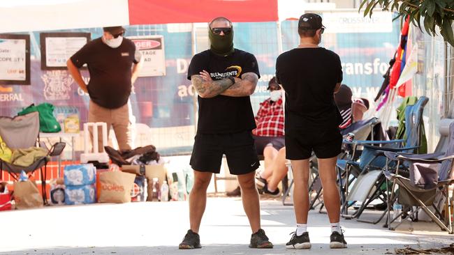 CFMEU blocking workers at the site of the Cross River Rail station Dutton Park in Brisbane. Picture: Liam Kidston