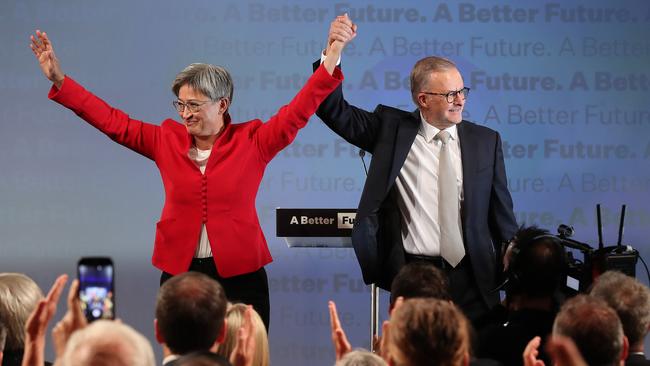 Penny Wong and Labor leader Anthony Albanese on May 1 at the Labor Party launch at Optus Stadium, Perth WA. Picture: Liam Kidston.