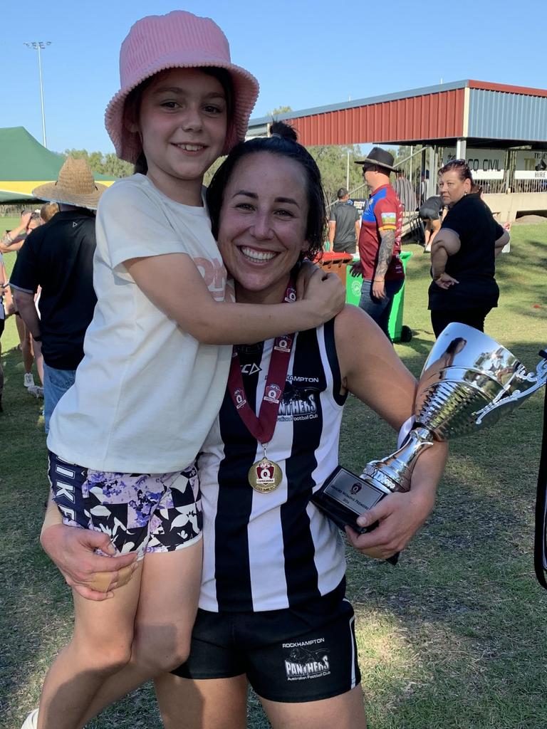 Pria Hendry with Rockhampton Panthers co-captain Hayley Richmond at the AFL Capricornia senior grand final day at Stenlake Park, Rockhampton, on August 31, 2024.