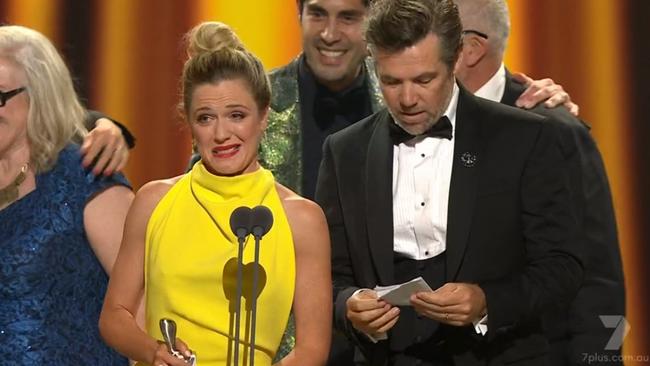 Harriet Dyer and Patrick Brammall accept the award. Picture: Channel 7