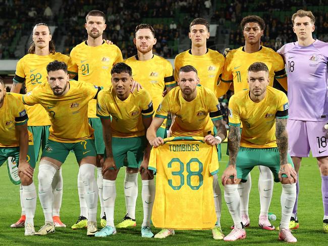 PERTH, AUSTRALIA - JUNE 11: The Australian starting eleven pose during the Second Round FIFA World Cup 2026 Qualifier match between Australia Socceroos and Palestine at HBF Park on June 11, 2024 in Perth, Australia. (Photo by Paul Kane/Getty Images)