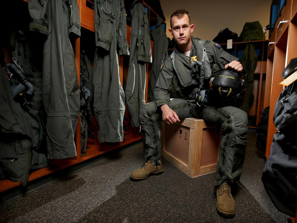 Australian Pilots training in the F35 fighter Jets Luke Airforce Base in Phoenix Arizona. Flight Lieutenant Damo before a flight. Picture: Nathan Edwards