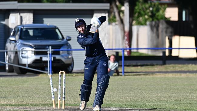 A Geelong City batter is clean bowled against Torquay. Picture: Wes Cusworth.