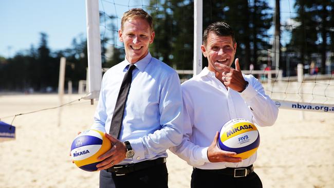 Former NSW Premier Mike Baird (right) with Volleyball Australia president Craig Carracher in 2016, for the media announcement of the biggest beach volleyball event in Australia since the Sydney Olympics. Picture: Braden Fastier