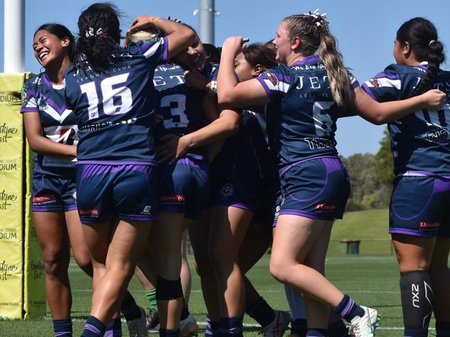 Action from the 2024 Schoolgirls rugby league state grand final between Ipswich SHS and St Mary's Cathedral College. Picture: Eddie Franklin