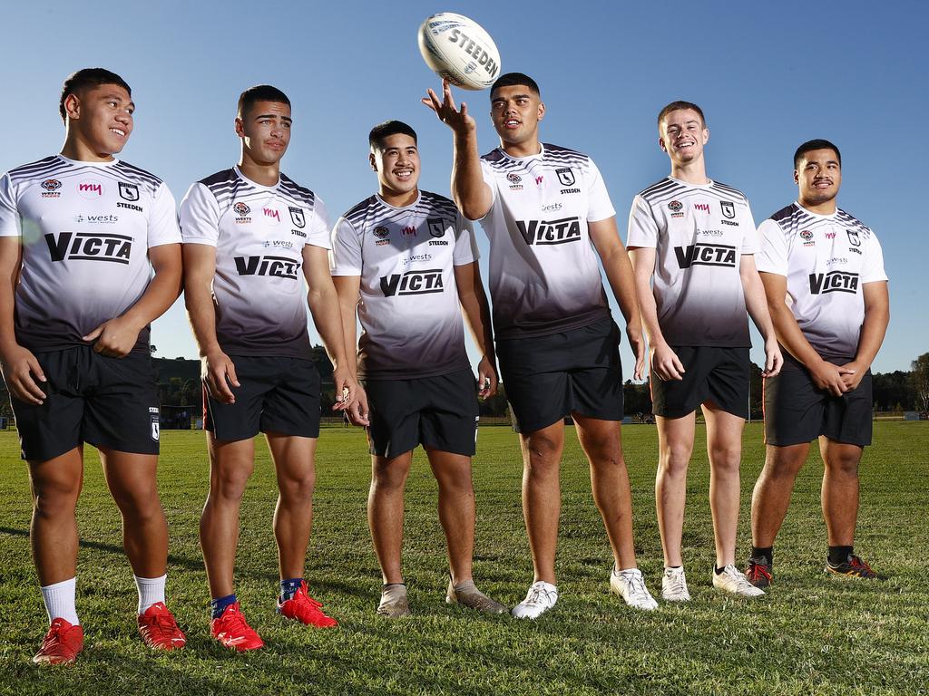 Wests Magpies Kit Laulilii, Tallyn Da Silva, Jeremiah Leatigaga, Jordan Miller, Lachlan Galvin, James Folaumoetui in 2022. Picture: Richard Dobson