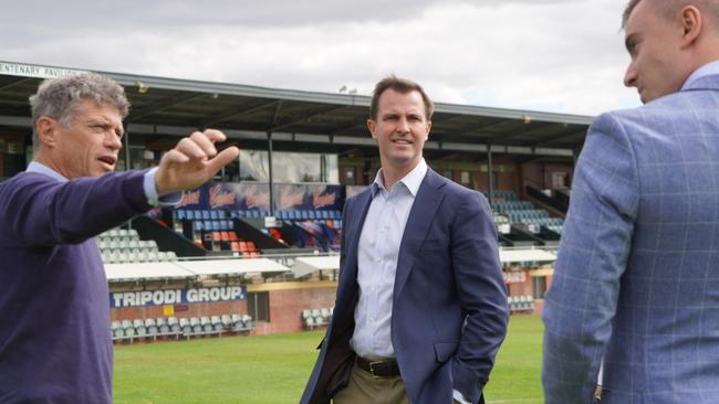 Norwood Football Club CEO James Fantasia (left) and Sturt MP James Stevens at The Parade, Norwood’s home ground. Picture: Supplied