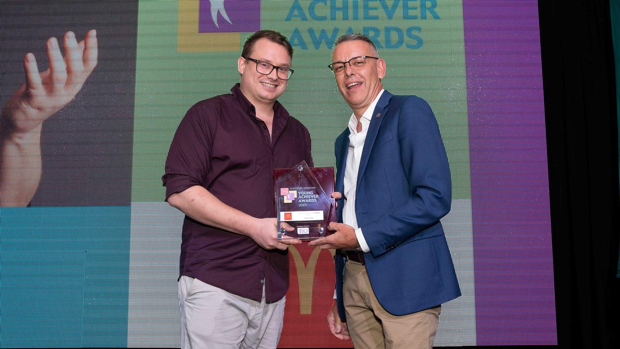 McDonald’s NT Career Achievement Award Winner Sean Guy and McDonalds licensee Philip Coleman at the NT Young Achiever Awards. Picture: Pema Tamang Pakhrin