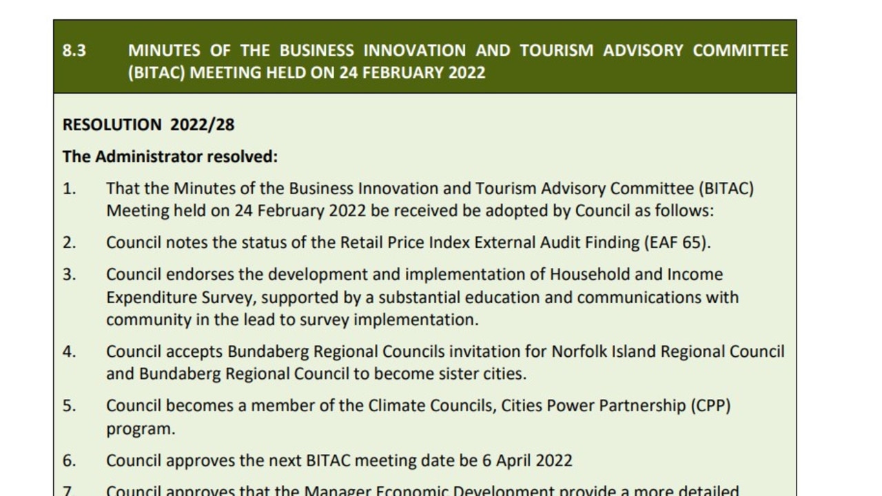 Norfolk Island Regional Council meeting minutes from March 9, 2022 reveal that the island council accepted an invitation from Bundaberg Regional Council to become a sister city.