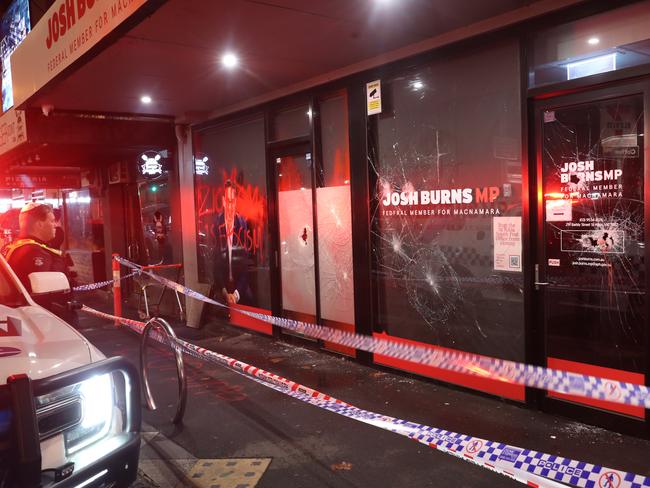 Police outside the office of federal MP Josh Burns. Picture: David Crosling