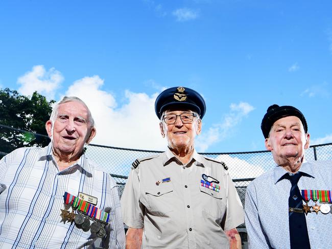 Bombing of Darwin Veterans Basil Stahl,96, from the 2nd field survey corp, Brian Winspear, 99, RAAF air gunner and Mervyn Ey ,97, from the 27th Scottish Infantry Batallion, pose at the East Point Gun Turret following their arrival to Darwin for the Bombing of Darwin 77th Anniversary on Tuesday February 19.Picture: Justin Kennedy