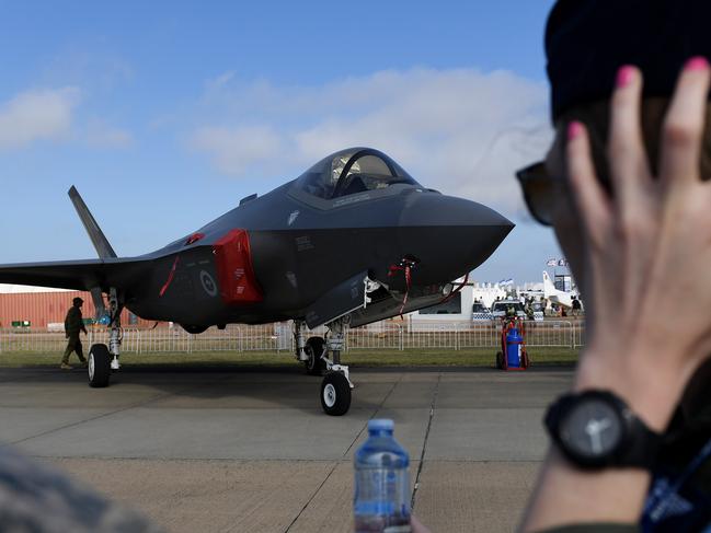 The new F-35 Joint Strike Fighter arrives at the Avalon airshow in Avalon, Melbourne, Friday, Mar. 2, 2017. (AAP Image/Tracey Nearmy) NO ARCHIVING,