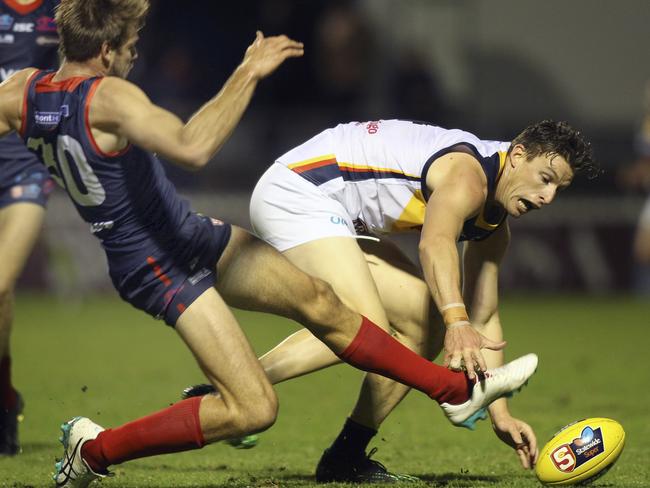 SANFL: Norwood v Adelaide at The Parade, 3 May 2019. Crows Josh Jenkins and Norwoods Brady Dawe.Picture Dean Martin