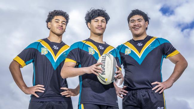 Promo shoot of High school rugby league players from Victoria University Secondary College Lockyer Foliola, Dc Morehu and Elijah Po ChingPicture by Wayne Taylor 8th May 2023