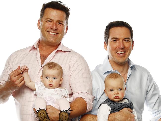 WEEKEND TELEGRAPHS - 3/9/20MUST NOT USE BEFORE CHECKING WITH WEEKEND PIC EDITOR JEFF DARMANIN - SUNDAY TELEGRAPH FATHERS DAY SPECIAL - TV personalities and brothers Karl and Peter Stefanovic with their kids in the studio today. Karl Stefanovic and daughter Harper (left) pictured with Peter Stefanovic and Oscar (right). Picture: Sam Ruttyn