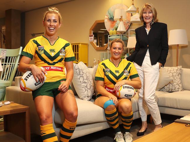 Harvey Norman CEO Katie Page announces funding for Women's Rugby League World Cup with Jillaroos Sam Bremner and Ruan Simms at Harvey Norman, Moore Park. Picture: Brett Costello