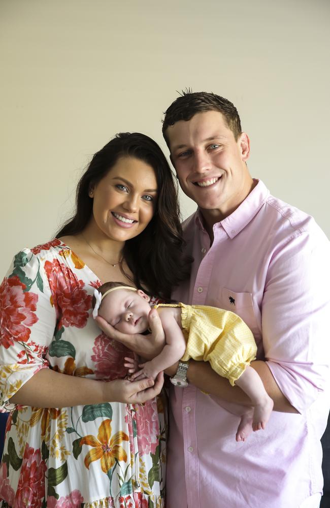 Courtney Thorpe and Jarrod Wallace with their newborn baby Kennedy Grace Wallace in 2019. Picture: Mark Cranitch.