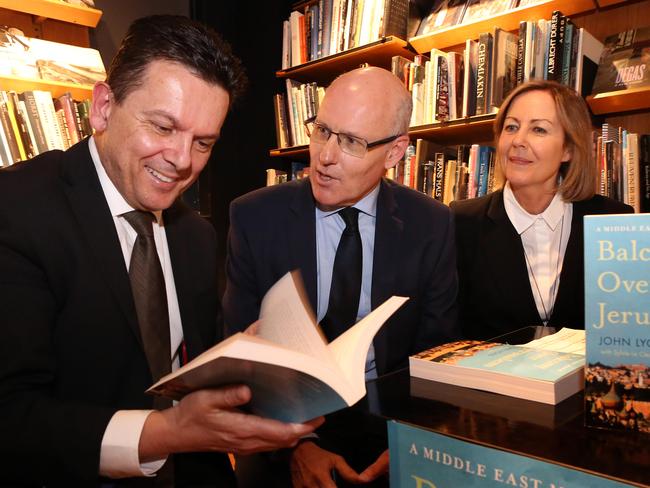 27/07/2017: Nick Xenophon with John Lyons and his wife Sylvie Le CLezio in Sydney, at John Lyons book launch 'Balcony Over Jerusalem'.Pic By James Croucher