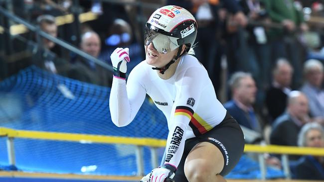 Germany’s Kristina Vogel after winning gold in the women’s sprint at this year’s world championship. A training accident in June has left her paralysed and she concedes she will not walk again. Picture: Emmanuel Dunand (AFP).