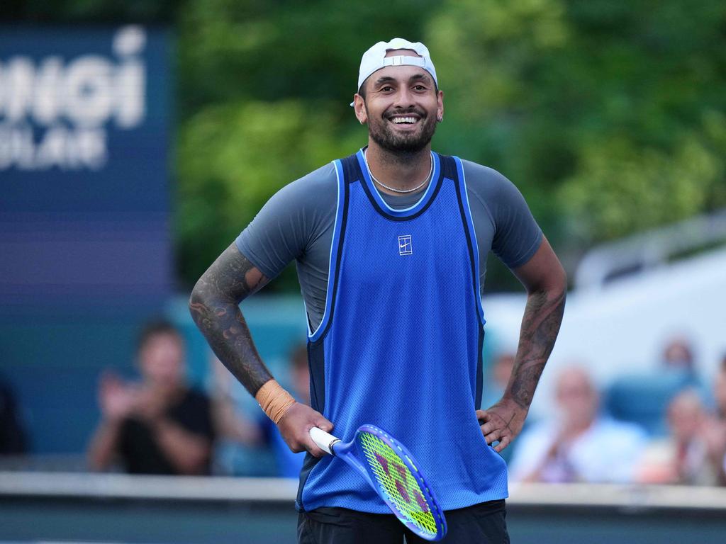Nick Kyrgios of Australia reacts against Mackenzie McDonald of the United States during their match on Day 2 at Hard Rock Stadium on March 19, 2025 in Miami Gardens, Florida. Rich Storry/Getty Images/AFP (Photo by Rich Storry / GETTY IMAGES NORTH AMERICA / Getty Images via AFP)