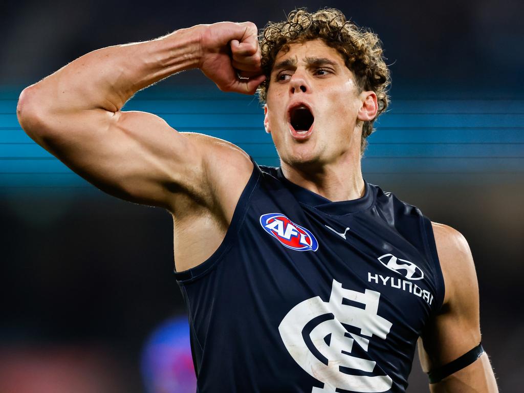 Charlie Curnow has taken the baton of the AFL’s superstar forward from Lance Franklin. Picture: Dylan Burns/AFL Photos via Getty Images