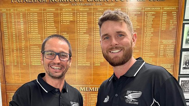 Payneham Norwood Union recruit Brad McKenzie (right) with Falcons coach Jeremy Cini. The former North Melbourne player has left Norwood and signed at the Adelaide Footy League club. Picture: Payneham Norwood Union Football Club