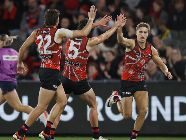 Matt Guelfi of the Bombers celebrates a first quarter goal. Picture: Michael Klein