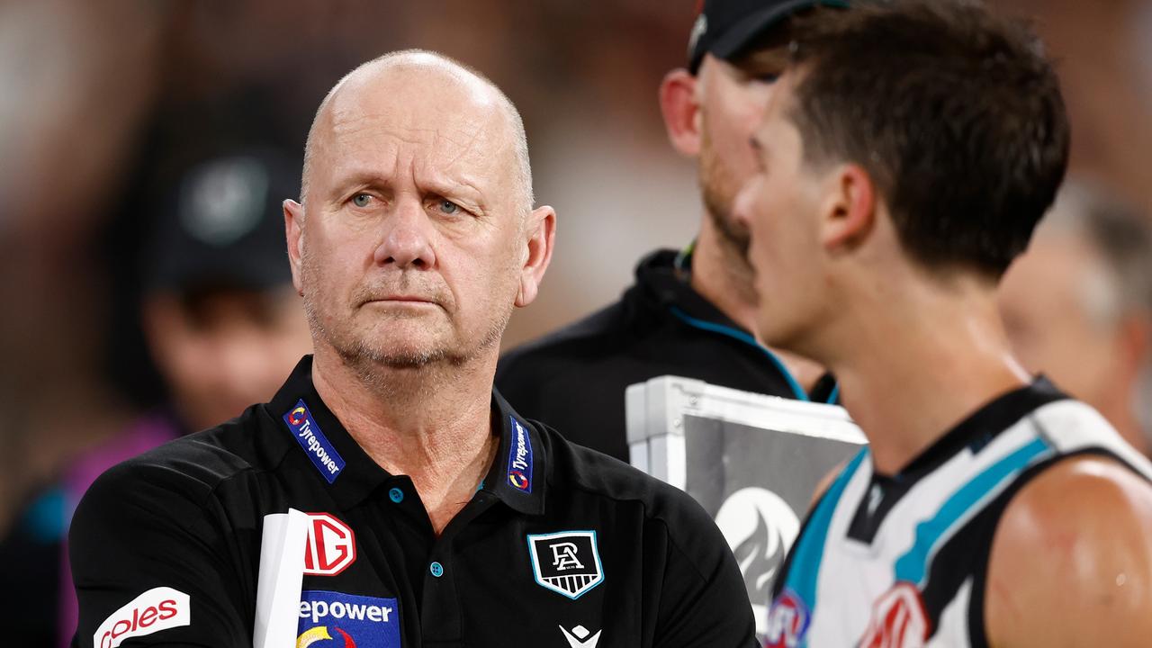 MELBOURNE, AUSTRALIA - MARCH 15: Ken Hinkley, Senior Coach of the Power looks on during the 2025 AFL Round 01 match between the Collingwood Magpies and the Port Adelaide Power at the Melbourne Cricket Ground on March 15, 2025 in Melbourne, Australia. (Photo by Michael Willson/AFL Photos via Getty Images)