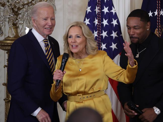 Jill Biden speaks as US President Joe Biden and R&amp;B musician Tank look on during a Black History Month reception at the White House. Picture: Getty Images