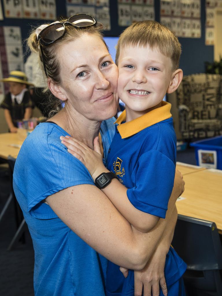 Toowoomba Grammar School Prep student Thomas McAllister with mum Belinda Lowien on his first day of school, Tuesday, January 23, 2024. Picture: Kevin Farmer