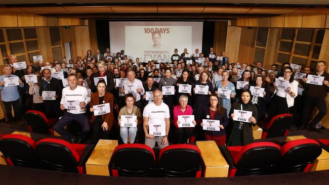 News Corp staff in Sydney’s inner-city Surry Hills show their solidarity with journalist Evan Gershkovich to mark 100 days since he was arrested by Russia's Federal Security Service on charges of espionage. Picture: Richard Dobson