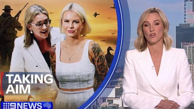 The photo of Animal Justice Party MP Georgie Purcell which was shown over the shoulder of newsreader Alicia Loxley during Monday night’s Nine News Melbourne bulletin.