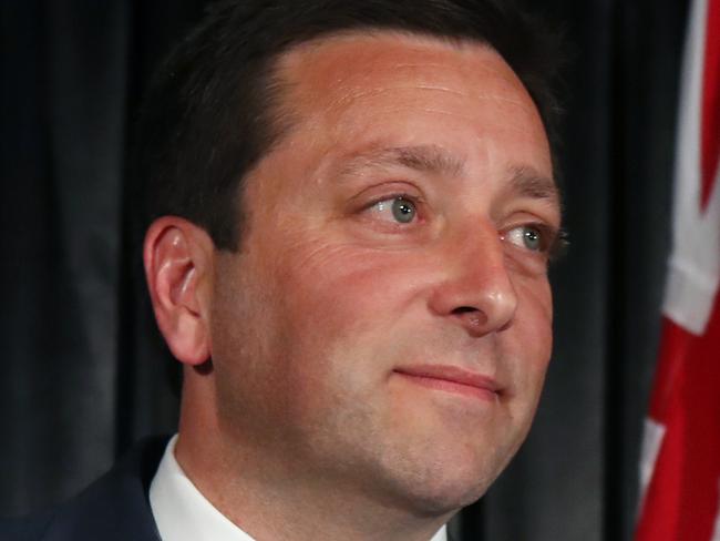 Leader of the Victorian Liberal party Matthew Guy  announces defeat in the Victorian state election during the Liberal Party reception on Victorian State election night in Melbourne, Saturday, November 24, 2018. (AAP Image/David Crosling) NO ARCHIVING